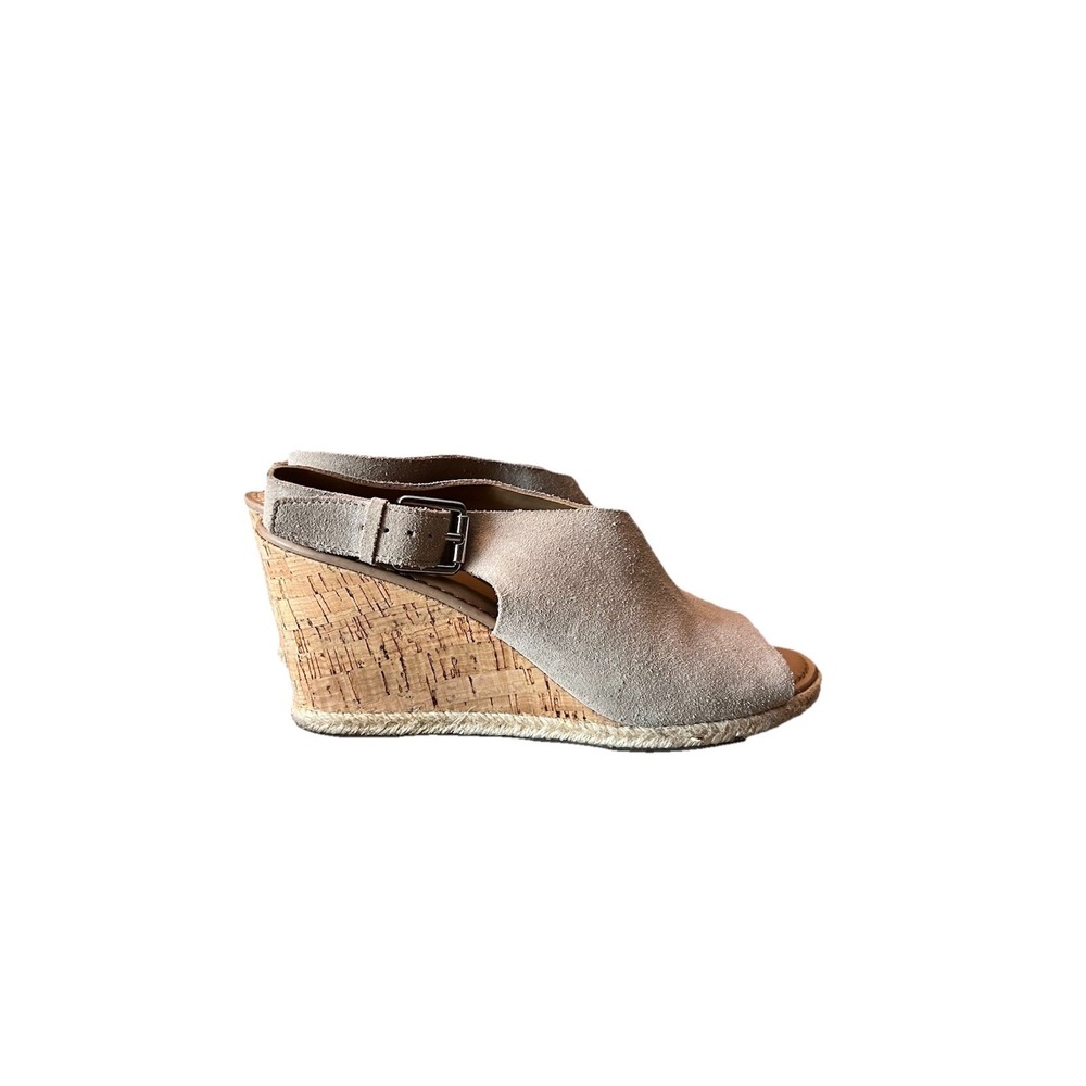 Franco Sarto Julien Beige Suede Cork Wedge Sandals‎ Peep Toe Slingback 8.5 M EUC